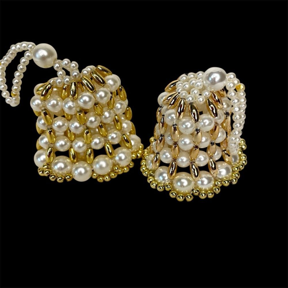 Christmas Bell Ornaments Handmade Vintage Set of Two Faux Pearl Gold Beaded
